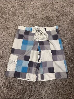 Men's Blue & Gray Check Swim Trunks